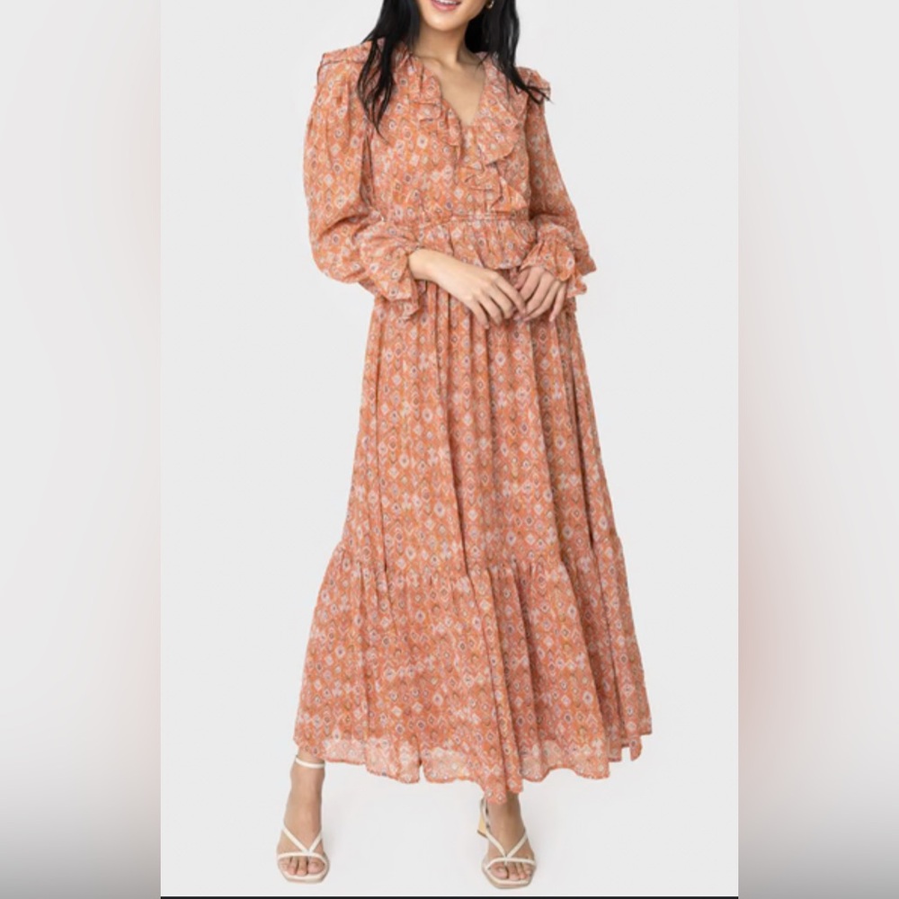 Anthropologie Moon River Peasant Ruffle Long Sleeve Tired Maxi Dress Sz XS